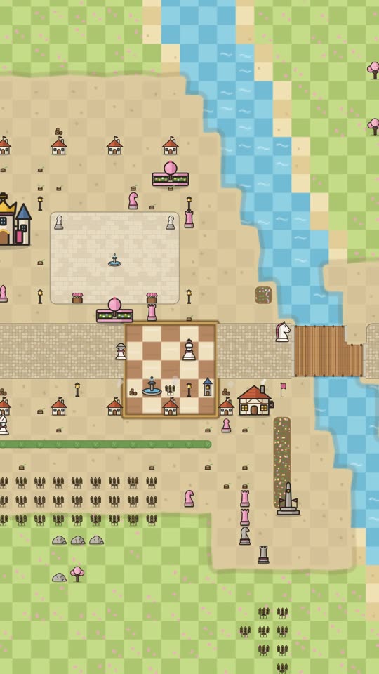 A player-built city with a chessboard square, a stone bridge and fields