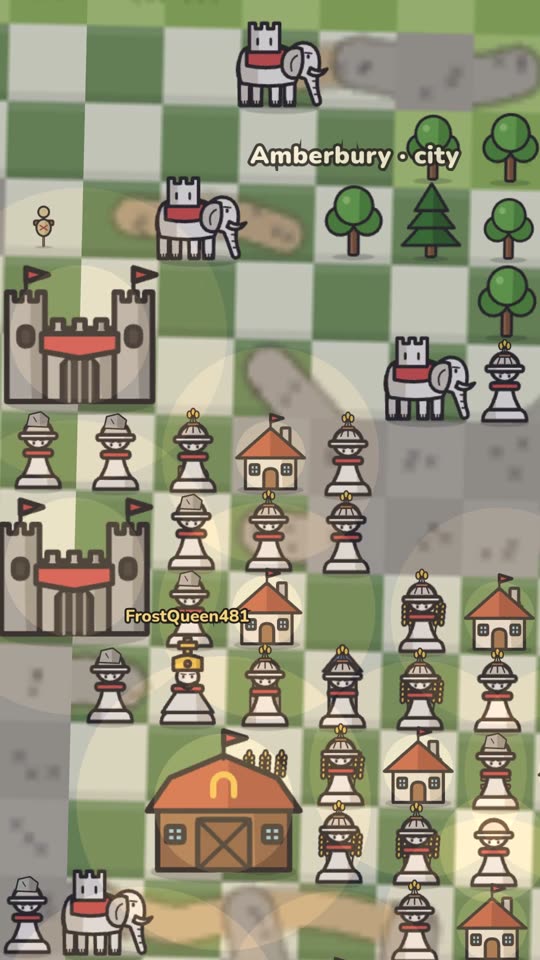 War elephants, pawns and houses in a town on the chessboard world