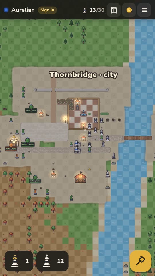 A river city at dusk with lamps lit
