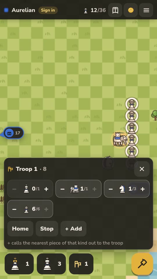 A troop of pieces marching across the world, with the troop panel open